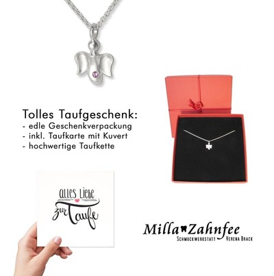 Taufgeschenk: Taufkette Schutzengel 1, 925 Silber, Safir rosa & Taufkarte von MillaZahnfee, Schmuckwerkstatt Verena Brack