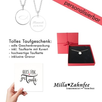 Taufgeschenk mit Gravur: Taufkette mit Name und Taufdatum, 925 Silber & Taufkarte von MillaZahnfee, Schmuckwerkstatt Verena Brack