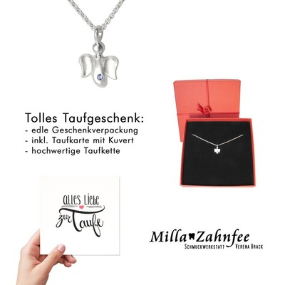 Geschenk Taufe: Taufkette Schutzengel 1, 925 Silber, Safir blau & Taufkarte von MillaZahnfee, Schmuckwerkstatt Verena Brack