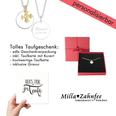 Taufe Geschenk personalisierbar: Taufkette mit Taufkreuz "Stern Blümchen" - Silber, Gold, Diamant & Taufkarte von MillaZahnfee, Schmuckwerkstatt Verena Brack