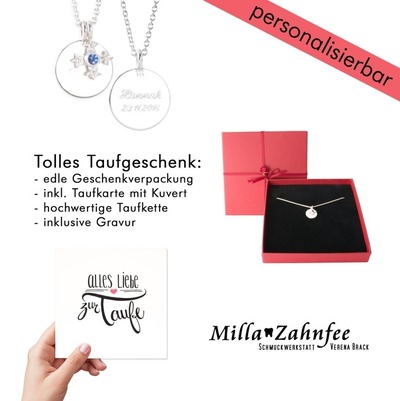 personalisierbares Geschenk zur Taufe: Taufkette Taufkreuz "Stern Blümchen" - Silber, Safir blau & Taufkarte von MillaZahnfee, Schmuckwerkstatt Verena Brack