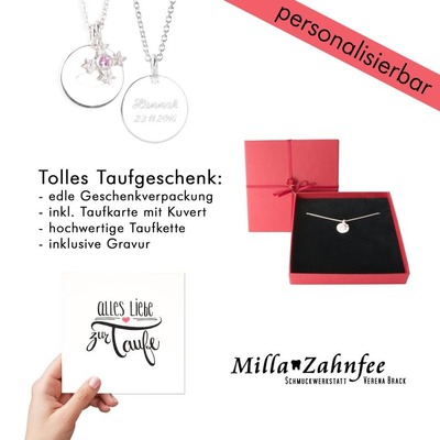 personalisierbares Taufgeschenk: Taufkette mit Taufkreuz "Stern Blümchen" - Silber, Safir rosa & Taufkarte von MillaZahnfee, Schmuckwerkstatt Verena Brack