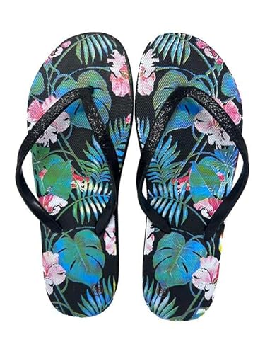 1stAmerican Damen Beach Flip Flops Sommer Sandalen, Schwarzes Blumenmuster, 41.5 EU von 1st American