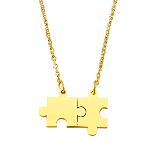 2022 Puzzleteil-Halskette für Paare, handgestempelte Puzzle-Halskette, Damen, elegant, Bester Freund, Edelstahl-Schmuck-Halskette Dreier Ketten Damen (Gold, One Size) von 2022