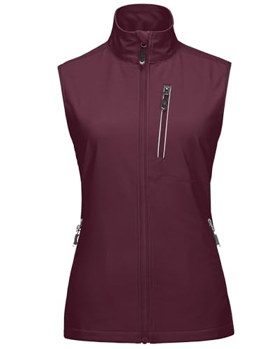 33,000ft Damen Leichte Laufweste Outdoor Softshell Weste Frau Ärmellose Jacke Winddichte Wasserdichte Atmungsaktive Vest Gilet für Laufen Golf Wandern Weinrot 2XL von 33,000ft