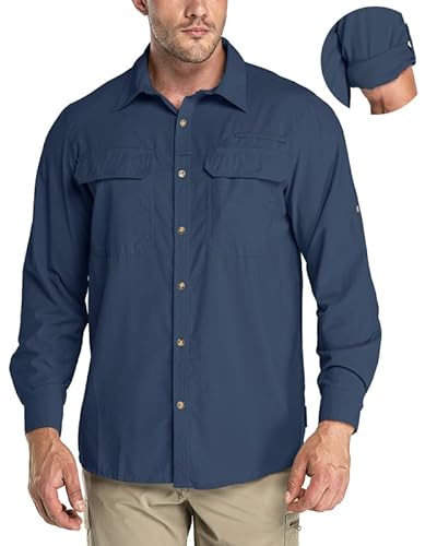 33,000ft Herren Sportshemd Langarmhemd Atmungsaktives Funktionshemd Schnelltrocknende Shirt Outdoorhemd für Männer Frühling Sommer Herbst UV-Schutz Wandern Angeln Shirts Navy Blau L von 33,000ft