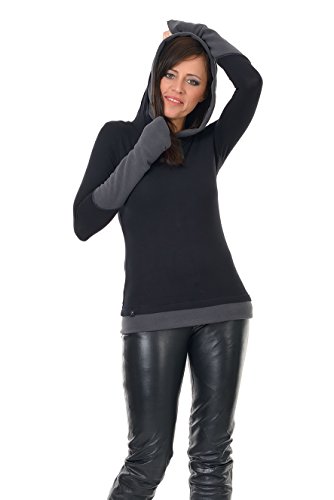 DREI Elfen Winterpulli Damen Goa Hoodie Frauen mit Fleece Armstulpen und Daumenloch, schwarz grau L von 3Elfen