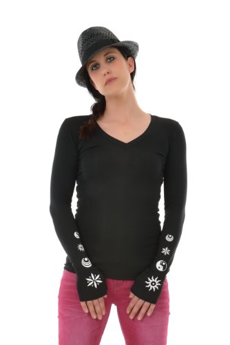 Longsleeve Damen V-Ausschnitt/Longshirt Frauen schlicht/Mädchen Oberteil mit Aufdruck Cosma Elemente von 3 Elfen,schwarz weiß, S, Langarm von 3Elfen