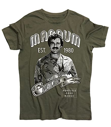 3styler T-Shirt Herren Magnum PI The Hawaii Private Investigator - TV-Serie 80er Jahre - Linie Vintage - Baumwolle 140 g/m², Khaki-Grün, Small von 3styler