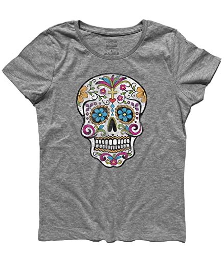 3styler T-Shirt für Damen, mexikanischer Schädel, Mexikanischer Skull – Traditionelles Tattoo Tattoo Shirt – Linie Classic – 100 % Baumwolle, 185 g/m², Grau, Medium von 3styler