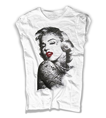 T-Shirt für Damen, Weiß, Marilyn Monroe, Tätowiert, Marilyn Tattooed, Linie Collection, geflammte Baumwolle (Slub) 150 g/m², Bianco, Small von 3styler