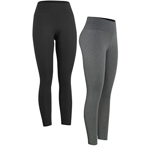 4How 2er Pack Damen Sport Leggings Lang Baumwollleggings blickdichte Sporthose Jogginghose Frauen Fitness Yoga Pants atmungsaktiv Schwarz Grau XL(42/44) von 4How