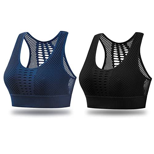 4How 2 Stück Damen Sport BH ohne Bügel Gepolstert Yoga Bra Rücken Hohl und Atmungsaktiv Sport Bustier für Lauf Jogging Fitness(Schwarz+Navy Blau,XL) von 4How