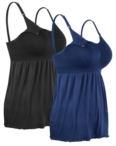 4How 2 Stück Damen Stilltops ohne Bügel Tanktop Unterhemd mit Integriertem BH für Stillen SchlafSchwarz+Blau,S von 4How