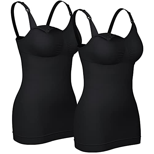 4How 2er Damen Stilltops Mutterschaft Tanktop mit Eingebautem BH für Stillen Schlaf Camisole Schwarz XXL von 4How