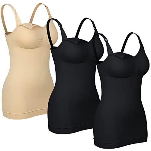 4How 3er Damen Stilltops Mutterschaft Tanktop mit Eingebautem BH für Stillen Schlaf Camisole Schwarz,Beige XXL von 4How