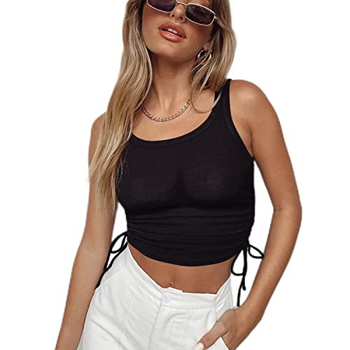 4How Damen Sommer Kurzarm-Crop-Top,Damen Kurzarm T-Shirt mit seitlichem Kordelzug,Reines Baumwoll-Geripptes-Strick-T-Shirt,S,Schwarz von 4How