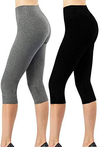 4How Kurze Sport Leggins Damen Capri Leggings 3/4 Länge Dreiviertel Hose Fitness Traininghose Yogahose Basic Leggings Baumwolle Blickdicht schwarz+grau M von 4How