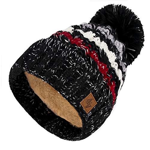 4sold Herren Damen Wurm Winter Style Beanie Strickmütze Mütze mit Fellbommel Bommelmütze Hat Gestrickte Pudelmütze Plain Ski Pom Wooly with Full Cosy Fleece-Futter (Black) von 4sold