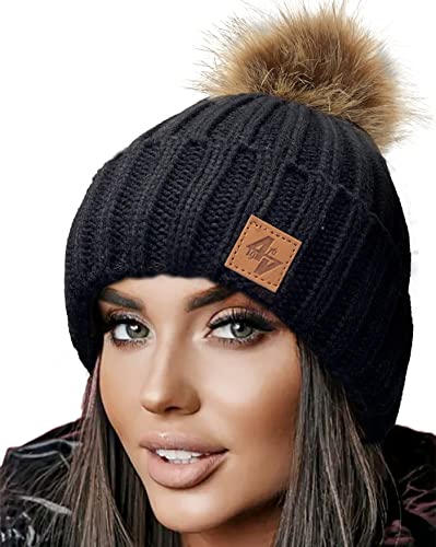 4sold Herren Damen Wurm Winter Style Beanie Strickmütze Mütze mit Fellbommel Bommelmütze Hat Gestrickte Pudelmütze Plain Ski Pom Wooly with Full Cosy Fleece-Futter (Black Brown) von 4sold