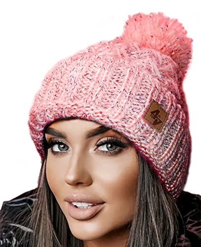 4sold Herren Damen Wurm Winter Style Beanie Strickmütze Mütze mit Fellbommel Bommelmütze Hat Gestrickte Pudelmütze Plain Ski Pom Wooly with Full Cosy Fleece-Futter (Pink Black) von 4sold