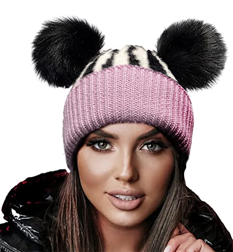 4sold Wintermütze Miki für Damen, Mädchen, aus Wolle, Strickmütze mit zwei Pom-Poms, für Ski, Snowboard, rosa,schwarz, Einheitsgröße von 4sold