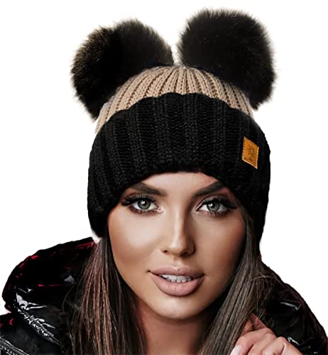 4sold Miki Farbe Damen Wintermütze Wolle Strickmütze Mit Doppelten Pom Pom Cap Ski Snowboard Bobble (Beige Black) von 4sold