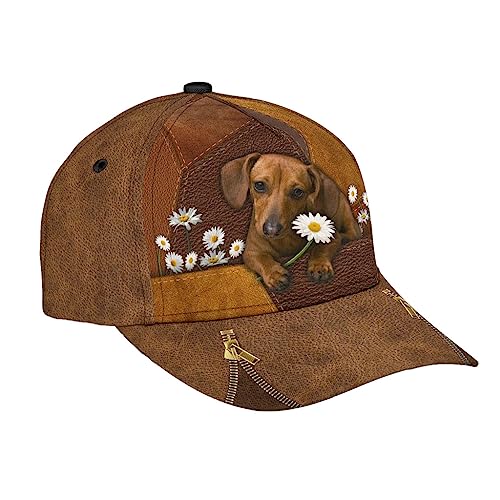 501 Dackel Weißes Blumenleder Braun Herren Damen Baseballkappe Verstellbar Baseball Cap Baumwolle Outdoor Hut Für Draussen Laufen Sport von 501