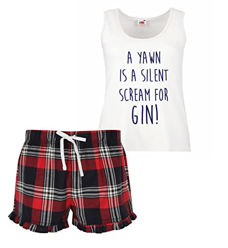 60 Second Makeover Limited A Yawn is A Silent Scream für Gin Damen Tartan Rüsche Shorts Pyjama Set Rot Blau oder Grün Blau - Rot, X Small (UK 8) von 60 Second Makeover Limited