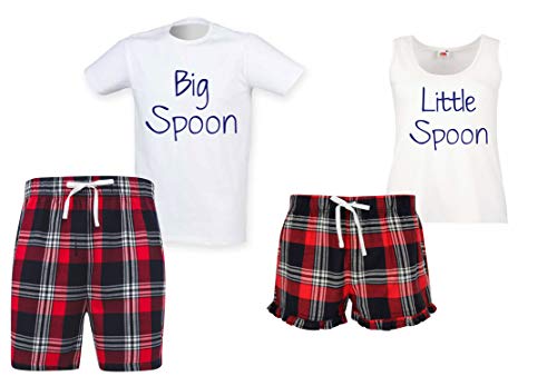 60 Second Makeover Limited Big Spoon Little Spoon Pajama / Pyjama-Set für Paare, mit Schottenkaro, Bulldogge, rot, Damen S/Herren L von 60 Second Makeover Limited