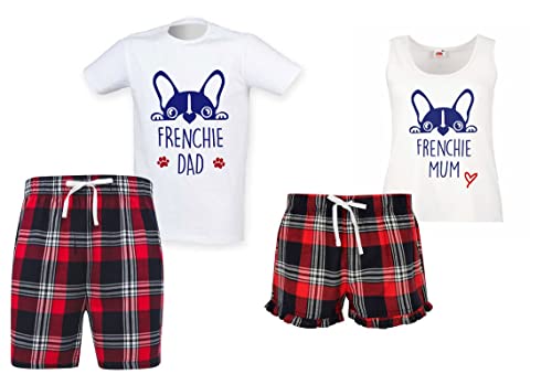 60 Second Makeover Limited Frenchie Mum Frenchie Dad Pärchen, passendes Pyjama-Set, Schottenkaro, Shorts für Paare, Hunde, Bulldogge, rot, Damen S/Herren XL von 60 Second Makeover Limited