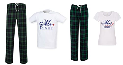 60 Second Makeover Limited Mr Right Pajama-Set "Mrs Always Right", passend für Paare, mit Schottenkaro, für Paare, Zwillingsklasse, grün, Damen S/Herren L von 60 Second Makeover Limited