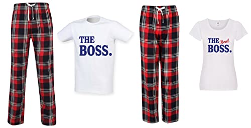 60 Second Makeover Limited The Boss The Real Boss Pyjama-Set für Paare, mit Schottenkaro, für Twinning Family, rot, Damen S/Herren L von 60 Second Makeover Limited