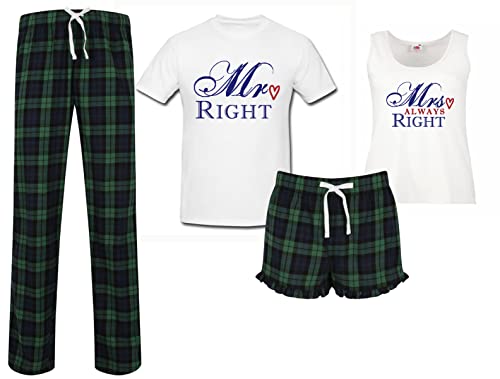 Mr Rechts Mrs Always Right Paare Passende Pyjama Tartan Set Paare Schlafanzüge Weihnachten Geburtstag - Grün, Ladies S Mens XL von 60 Second Makeover Limited