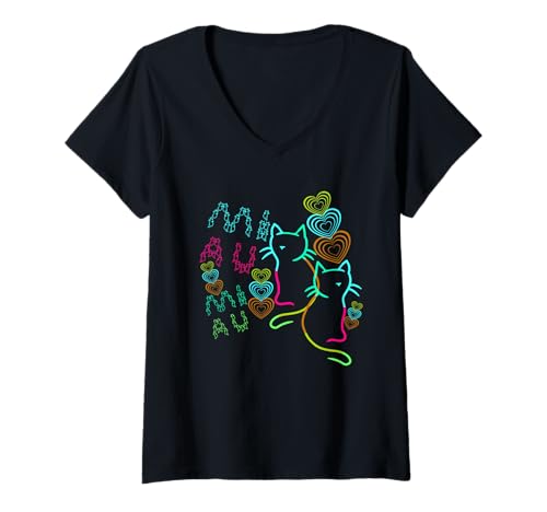 Damen Katzen Katze Teenager Teenie Kinder Kind Retro Herzen 80er T-Shirt mit V-Ausschnitt Damen Katzen Katze Teenager Teenie Kinder Kind Retro Herzen 80er T-Shirt mit V-Ausschnitt von 80er 90er Katzen Retro Katze Vintage