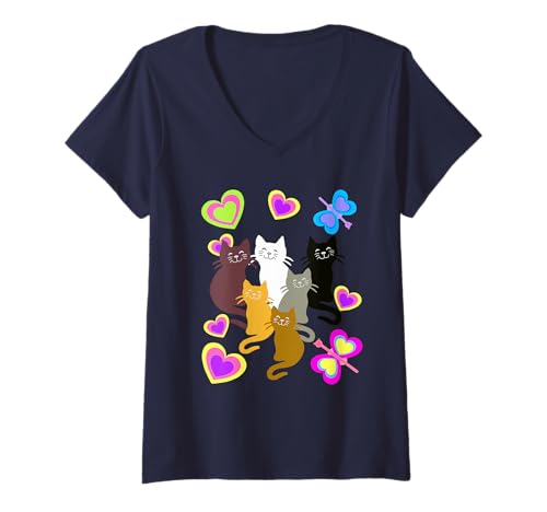 Damen Retro Katzen Katze Kätzchen Katzenfreund Kinder Kind Herzen T-Shirt mit V-Ausschnitt Damen Retro Katzen Katze Kätzchen Katzenfreund Kinder Kind Herzen T-Shirt mit V-Ausschnitt von 80er 90er Katzen Retro Katze Vintage