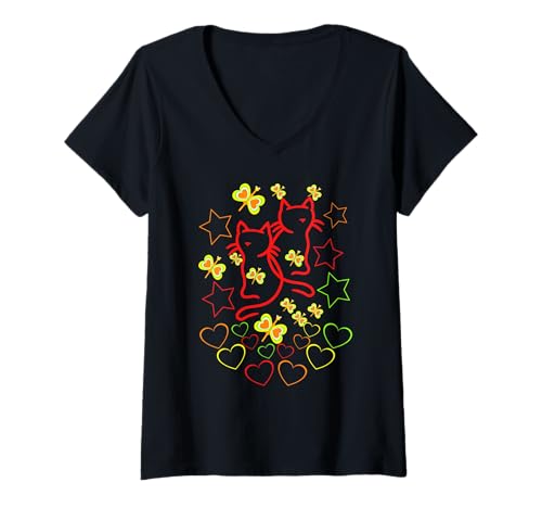 Damen Retro Kinder Kind Katzen Katze Herzen Mädchen Jungen Vintage T-Shirt mit V-Ausschnitt Damen Retro Kinder Kind Katzen Katze Herzen Mädchen Jungen Vintage T-Shirt mit V-Ausschnitt von 80er 90er Katzen Retro Katze Vintage