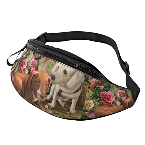 Damen Brustbeutel Heimhunde Und Blumen Unisex Gurttasche Multifunktionale,Verstellbarer Hüfttasche Für Reisen Hundetraining Herren 14X35Cm von 874