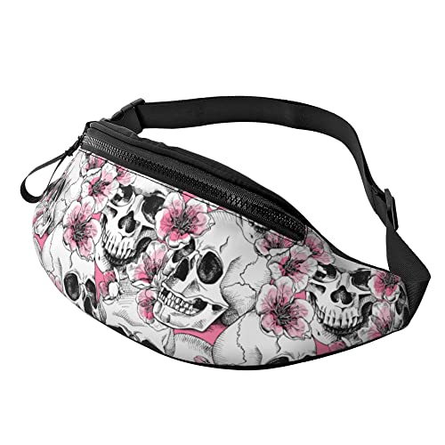 Schultertaschen Totenkopf Rosa Blume Unisex Gürteltasche Mit Reißverschluss,Verstellbarer Brusttasche Für Herren Wandern Geschenke 14X35Cm von 874