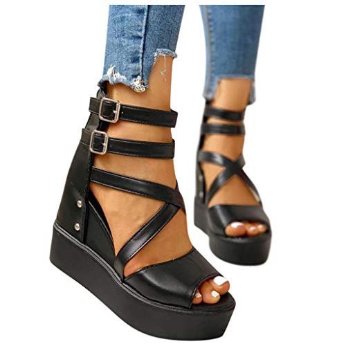 95 Damen Sandalette mit Keilabsatz Plateausohle Damenschuhe Sandalen Sandaletten Keilsandaletten Frauen Keil High Heel Plattform Peep Toe Schuhe Sommerschuhe (Schwarz, 38) von 95