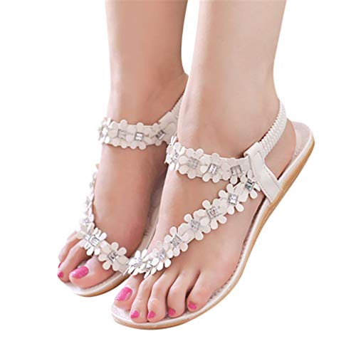 Sandalen Damen Sommer, Women Bohemian Blume Flach Sandaletten Sommer Strand Schuhe Freizeit Urlaub Sommerschuhe Zehentrenner Sandalen Mädchen Mode Riemchensandalen (Weiß, 35) von 95