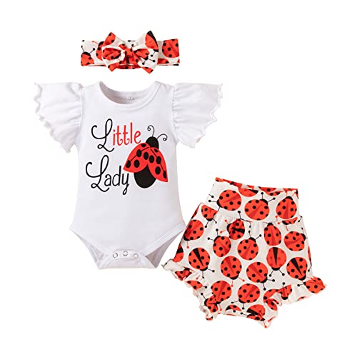 95sCloud-1 Neugeborenes Baby Kinder Mädchen Kleidung Kurzarm Strampler Romper Jumpsuit Bodysuit T-Shirt Marienkäfer Druck +Kurze Hose Pants Shorts + Stirnband 3tlg Babykleidung Set , Rot, 0-6 Monate von 95sCloud-1