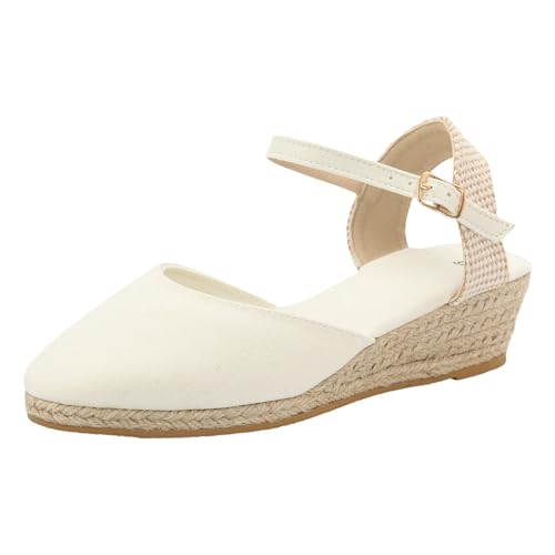 Damen Schuhe Keilsandalen Espadrille Damenschuhe, modische Keilsandalen mit weicher Sohle, klassische Schnalle, dicke Sandalen mit hohen Absätzen Elegante Strandsandalen Freizeitschuhe (White, 38) von 95sCloud-1