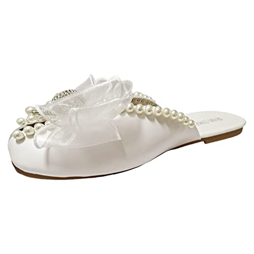 Damen Schuhe Sommer Slippers Walkingschuhe Damen Sommer Außen einfarbig Strass Perle Schleife elegante hohle atmungsaktive große Sandalen Hausschuhe Elegante Strandsandalen mit Absatz (White, 39) von 95sCloud-1