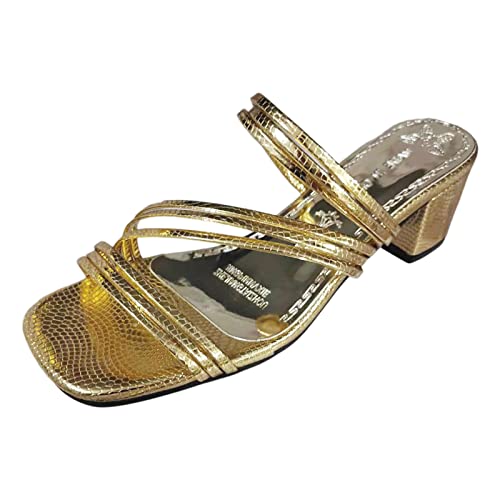 Damen Schuhe Sommer Slippers Walkingschuhe Damen Sommer Einfache Gold Glänzend Dicker Absatz Hoch Mit Dünnem Riemen Quadratischen Zwei Tragen Große Sandalen Elegante Strandsandalen mit (Gold, 39) von 95sCloud-1