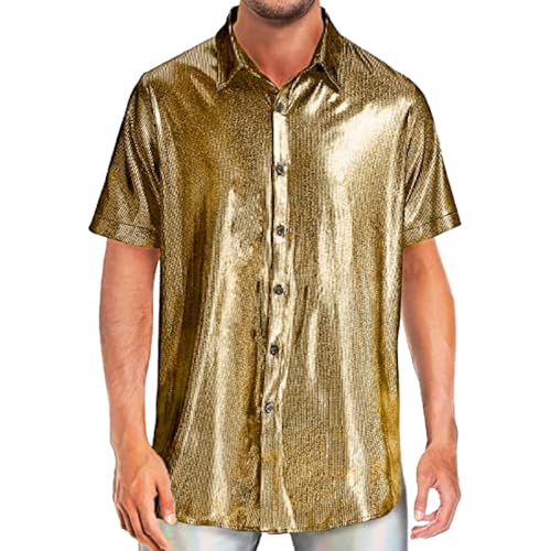 Herren Pailletten Kleid Hemd 70er Jahre Disco Kostüm Party Kurzarm Button Down Shirts Frezeit Business Hemd Kurzarm-Hemd 70er-Jahre Disco Party Kostüm Nachtclub (Gold, XXXL) von 95sCloud-1