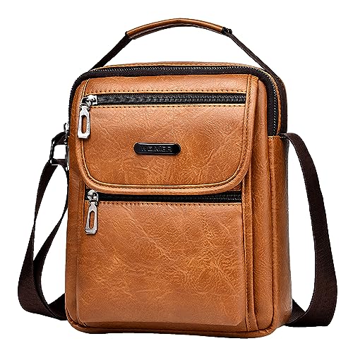 A-QMZL Umhängetasche Herren Schultertasch Crossbody PU Lede Herrentasche Vintage Umhängetaschen Handytasche Messenger Bag Umhängen Tasche Man Bag (Hellbraun) von A-QMZL