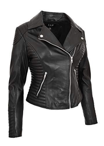 A1 FASHION GOODS Damen Designer Leder Biker-Jacke Weiches Schwarz Ausgestattet Gesteppt Reißverschluss Mantel Bonita (L - EU 40) von A1 FASHION GOODS