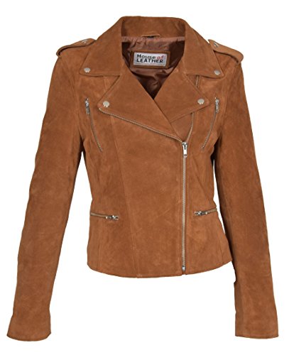 Damen Bikerjacke aus echtem Wildleder, mit X-Reißverschluss, tailliert, rostig Gr. 34, braun Damen Bikerjacke aus echtem Wildleder, mit X-Reißverschluss, tailliert, rostig Gr. 34, braun von A1 FASHION GOODS