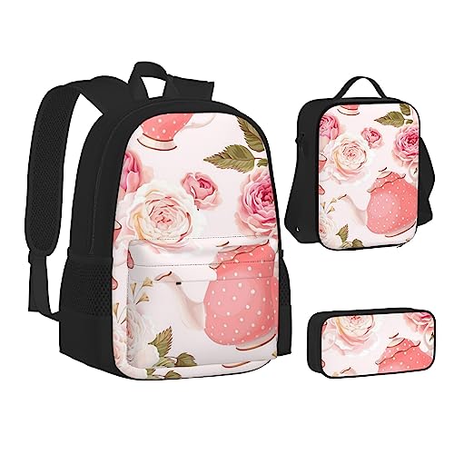 AABSTBFM Blaues Schmetterlings-Schulbücher-Set mit Lunchtasche, Federmäppchen, Reise-Laptop-Rucksack, Schultasche, 3-teiliges Set, Teebecher mit Rosen Romantisch Shabby, Einheitsgröße, Schulrucksack von AABSTBFM